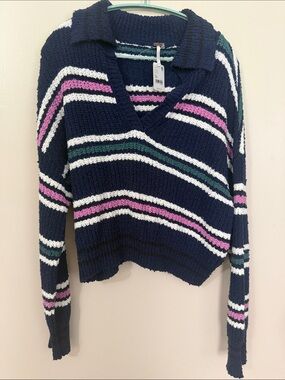 Free People Navy V-Neck Collared Striped Sweater